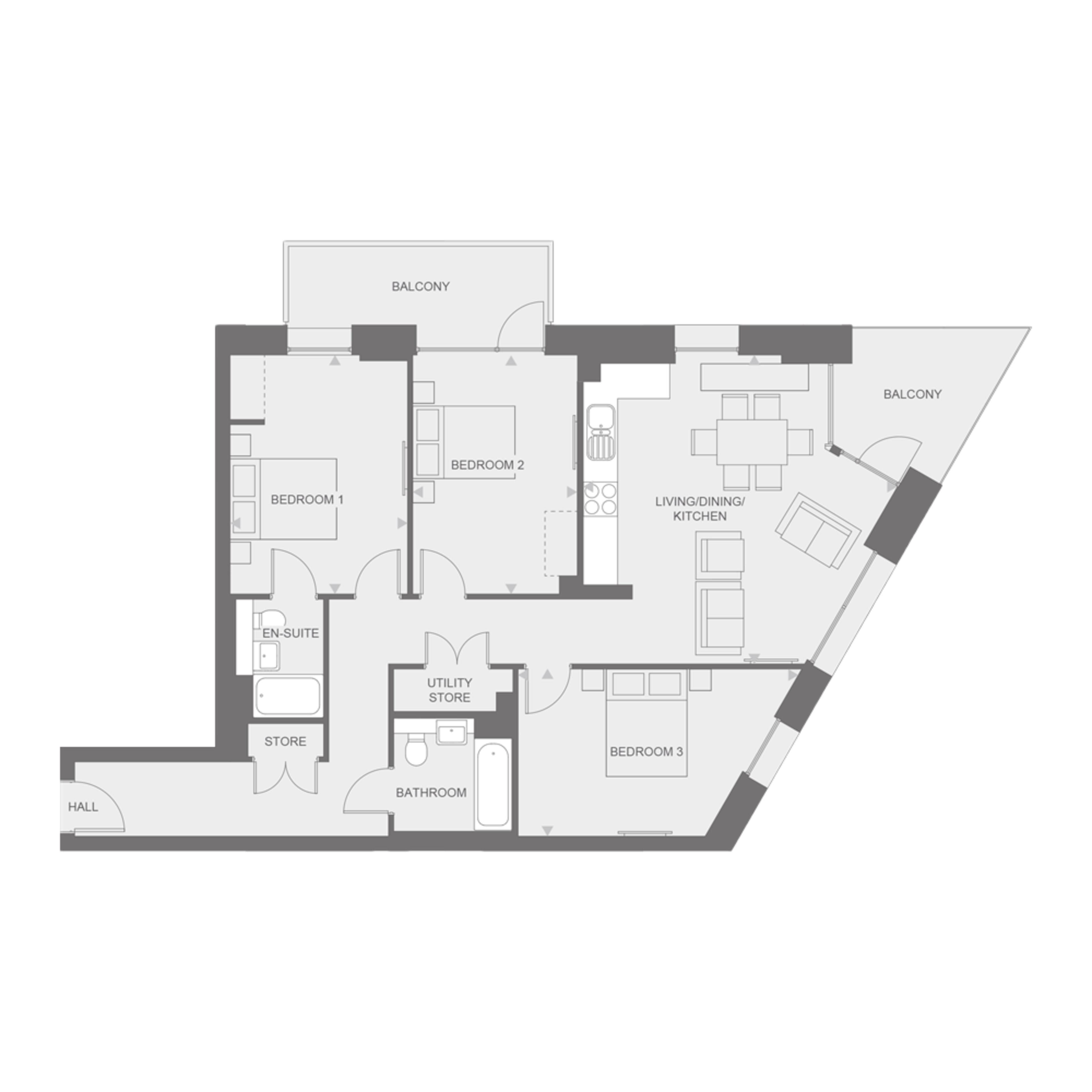 2D floorplan of three-bedroom Type A flat at Anthology Wembley Parade