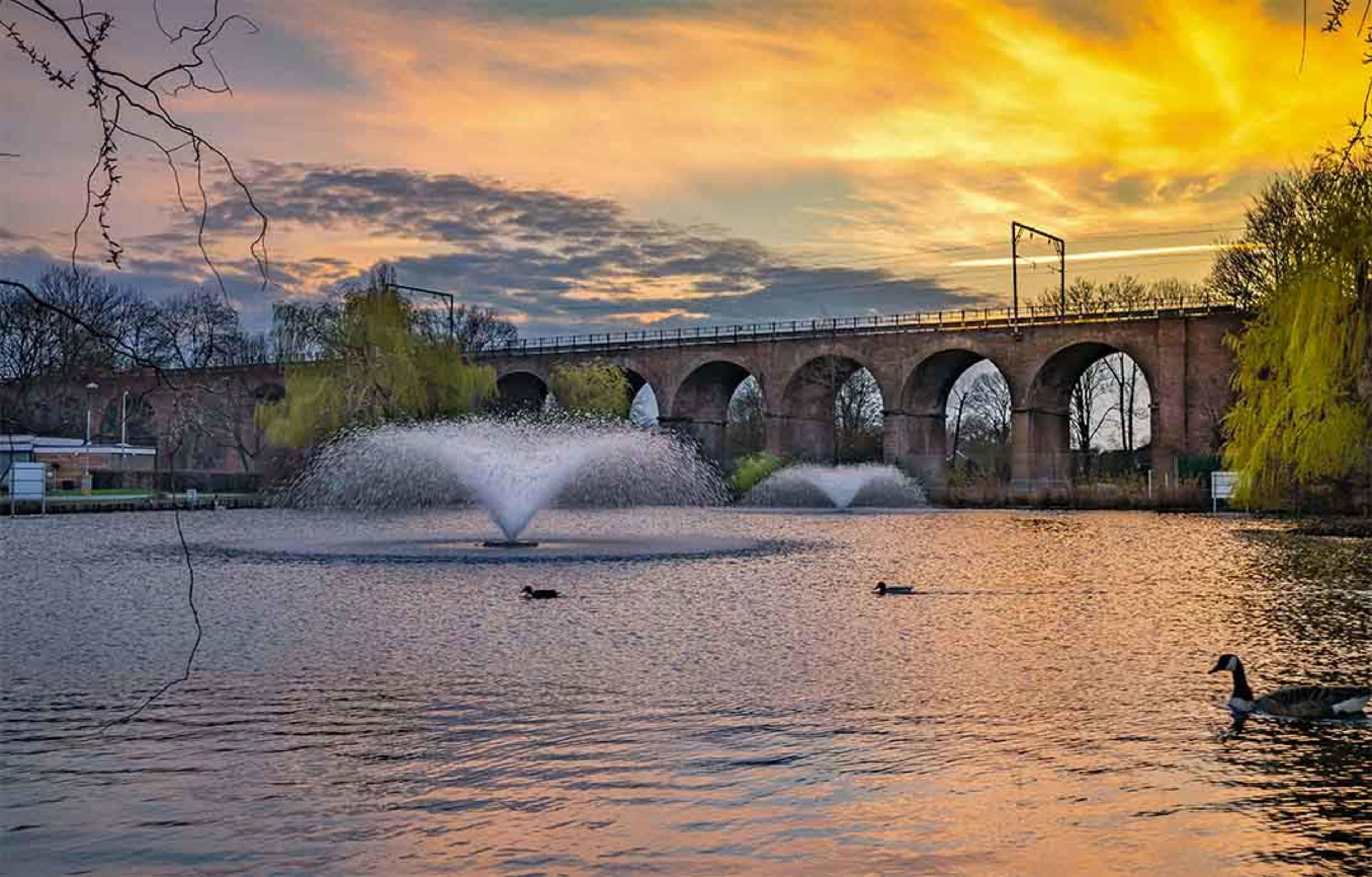 Chelmsford Viaduct at sunset with fountains in the foreground