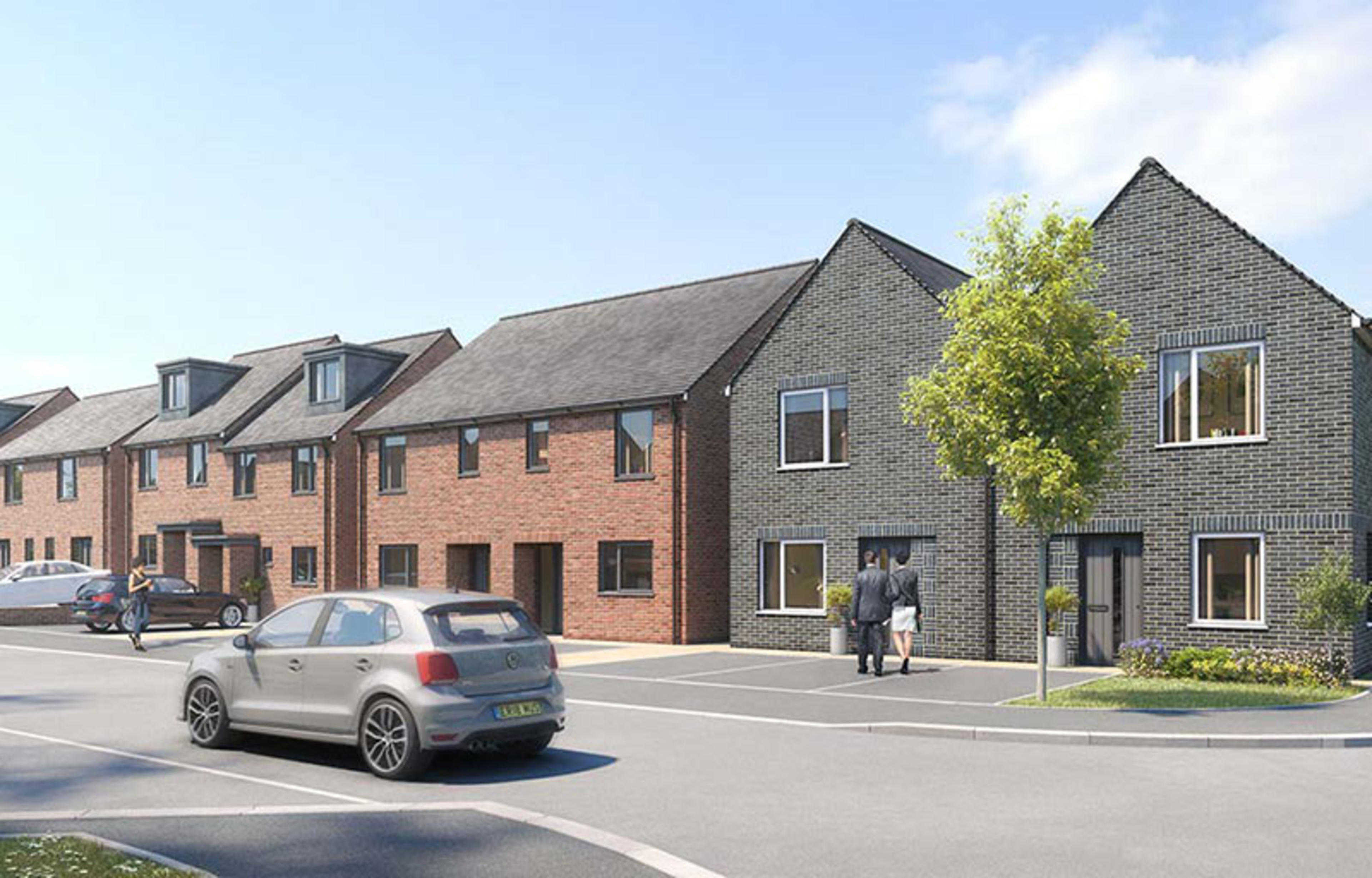 CGI of a silver car driving past a row of new build houses at Ellison Grove, Hebburn