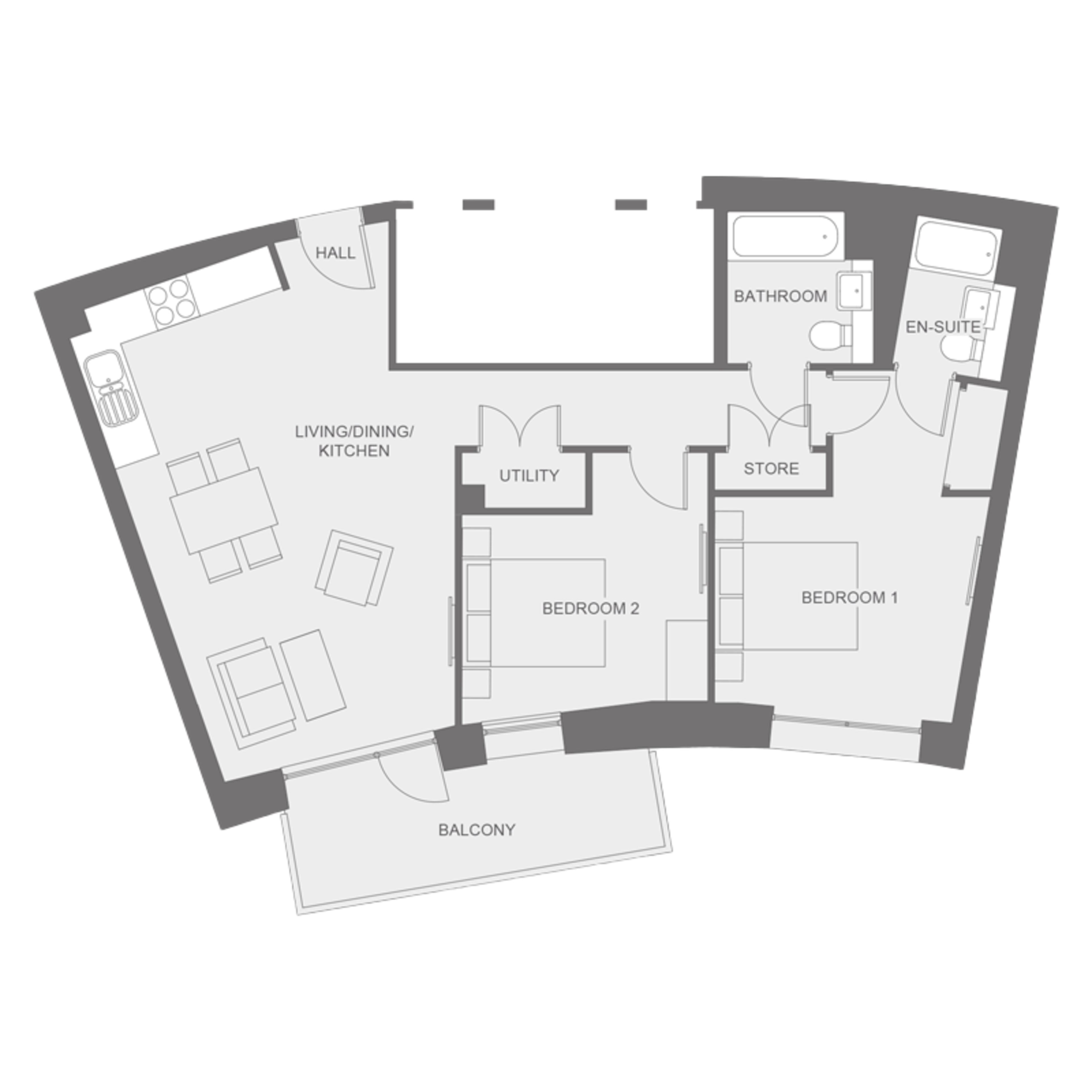 2D floorplan of two-bedroom Type J apartment at Anthology Wembley Parade