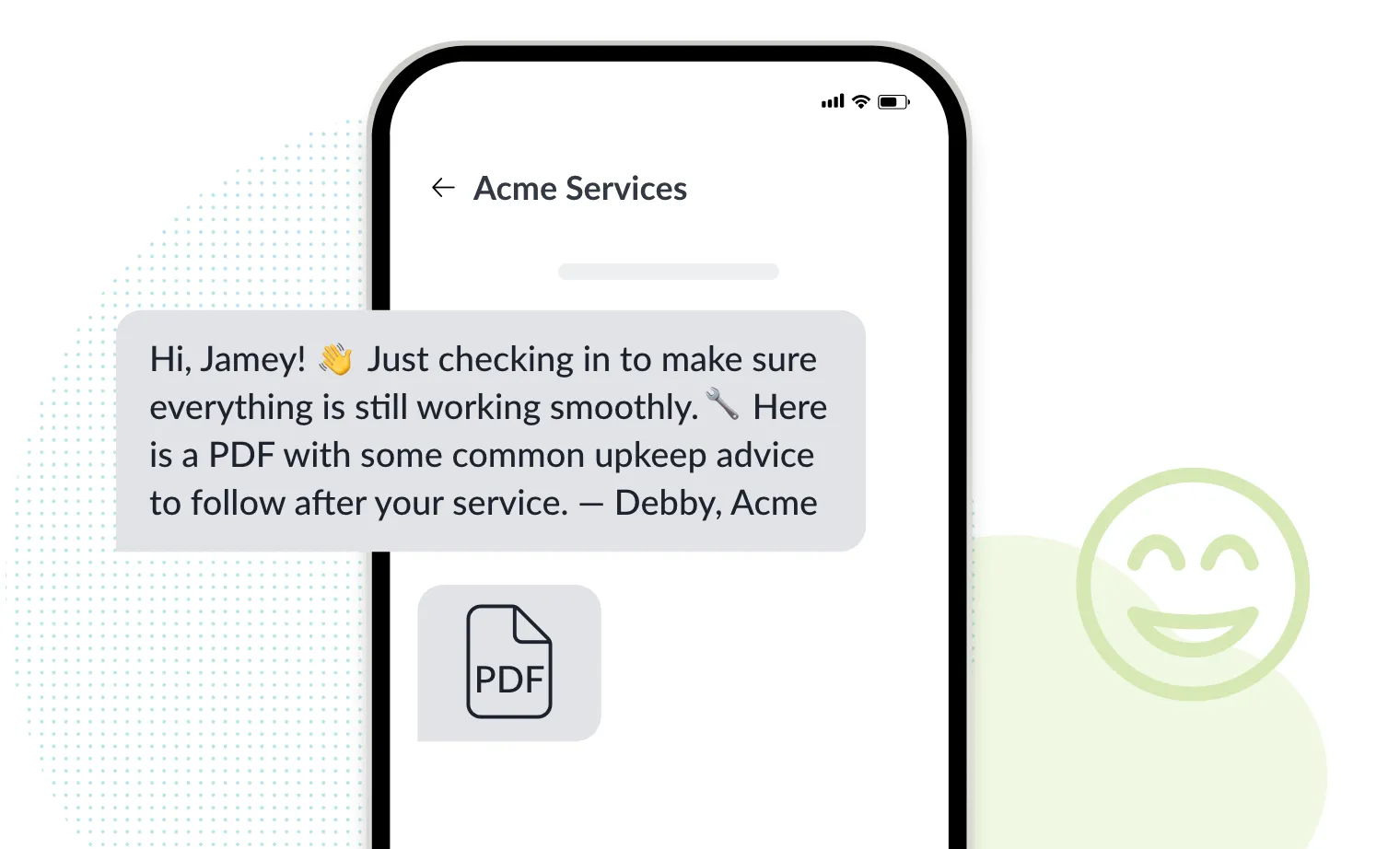 customer service text message with emojis and attachments