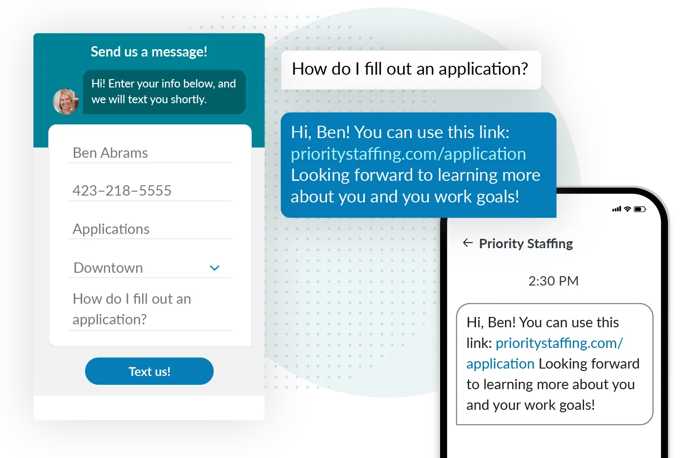 SMS Chat text messaging widget for staffing and recruiters