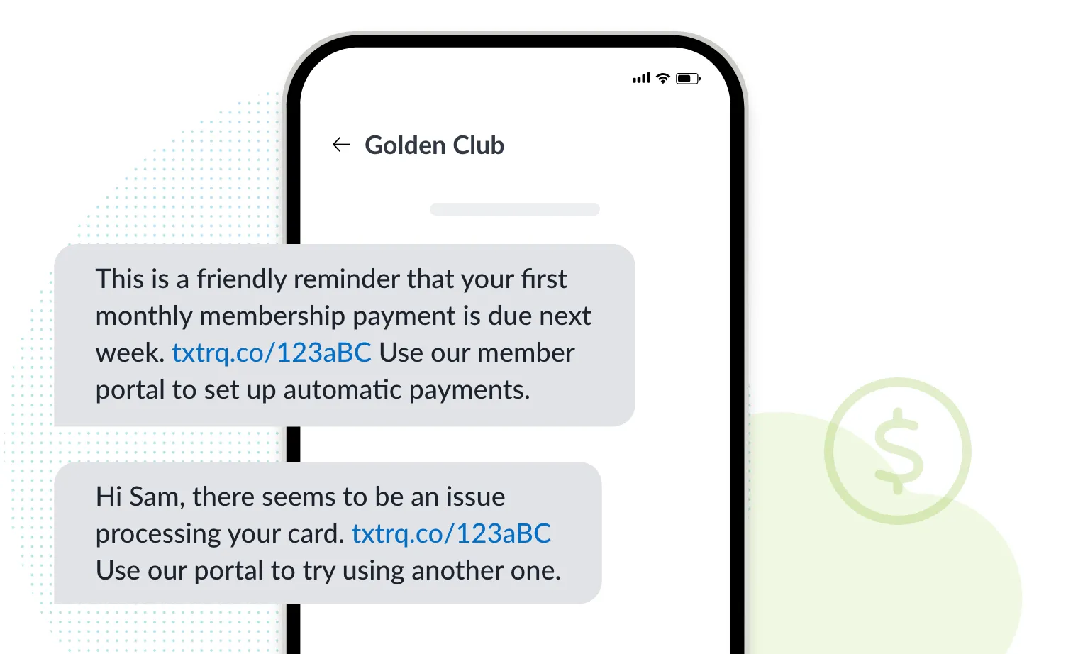 club member dues text message reminder example