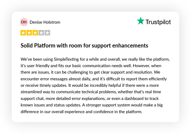 SimpleTexting Trustpilot review