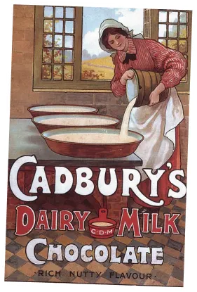 Vintage poster for Cadbury Dairy Milk Chocolate showing a woman pouring milk into tubs
