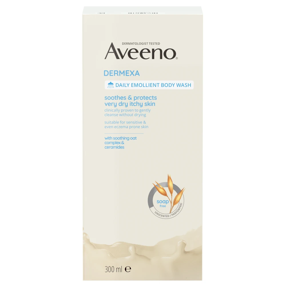 Aveeno® Dermexa Emolienčný sprchovací gél, bez parfumov – Predná strana obalu