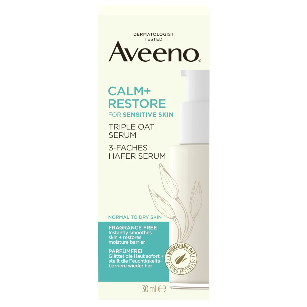 Aveeno® Calm+Restore™ Pleťové sérum s Trojitým ovseným komplexom, 30 ml – Predná strana obalu