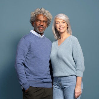 Senior couple looking at camera (small card)