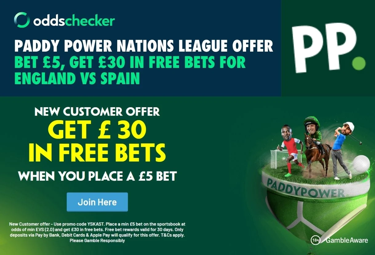Paddy Power UEFA Nations League Offer: Bet £5, Get £30 for England vs Spain Tonight