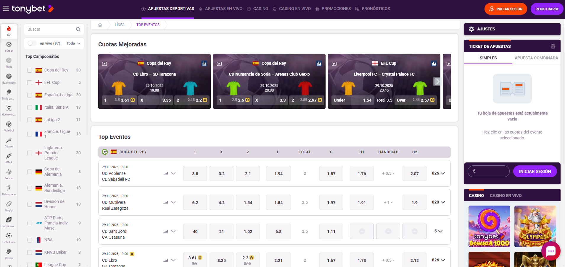 Tonybet Sportsbook Schnittstelle