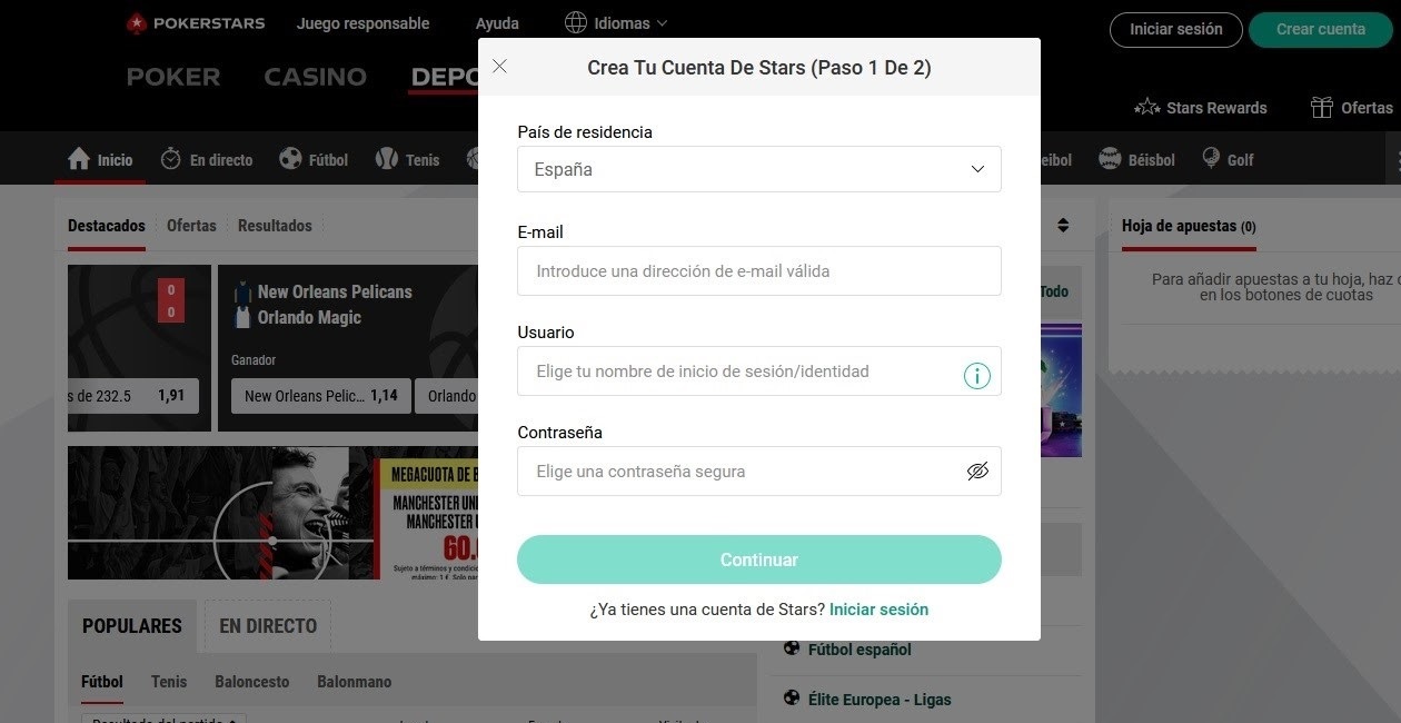 Interfaz de Pokerstars apuestas