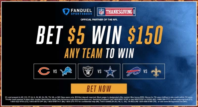 FanDuel Promo Code: Thanksgiving, Bet $5, Get $150 on Any Team