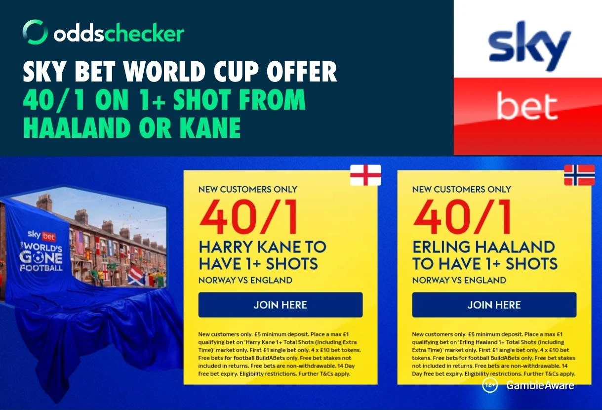 Sky Bet Norway v England Offer: Get 40/1 on Haaland or Kane to Have 1+ Shots