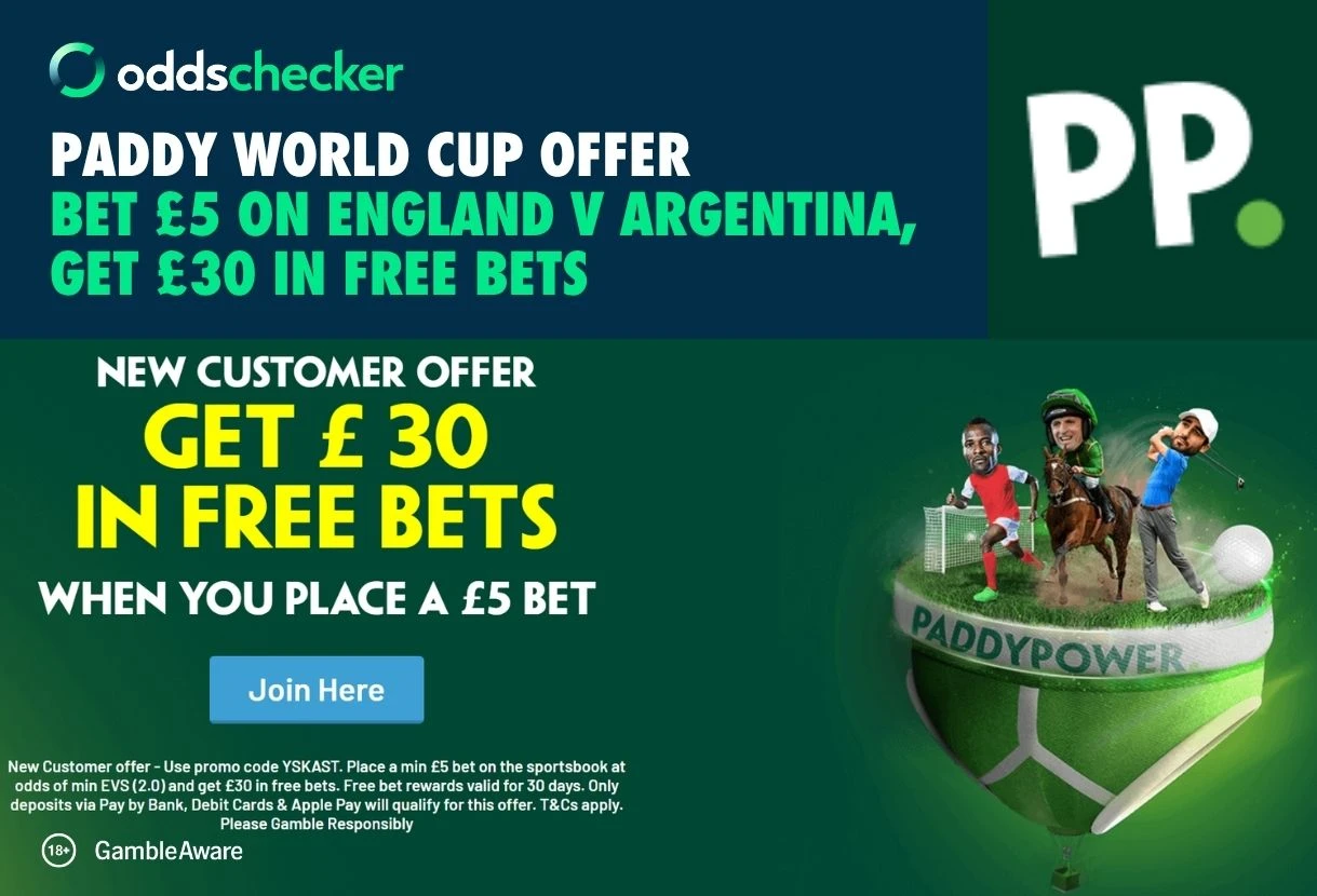 Paddy Power World Cup Offer: Bet £5 on England v Argentina, Get £30 in Free Bets