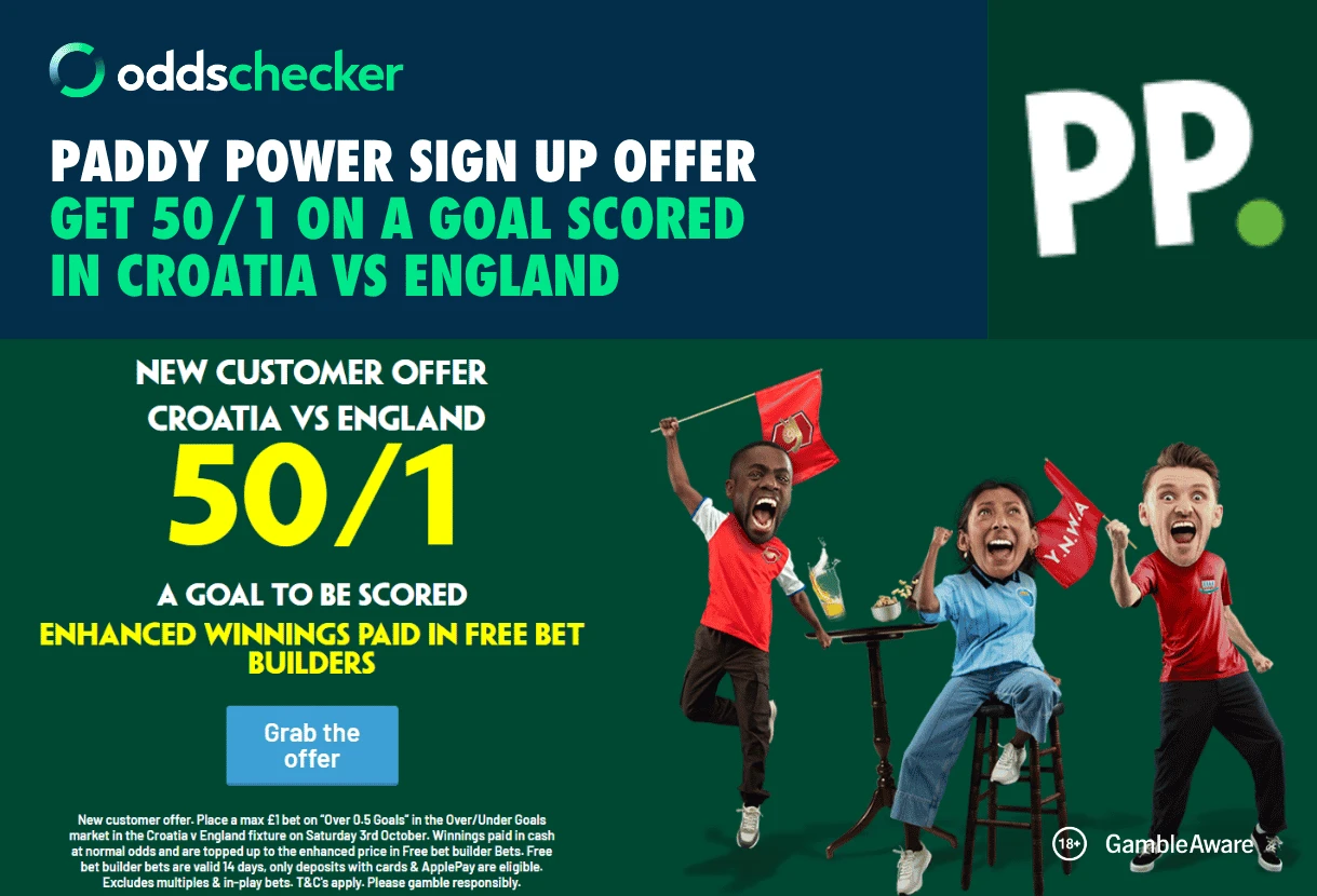 Paddy Power Offer: Get 50/1 on a Goal Scored in Croatia vs England