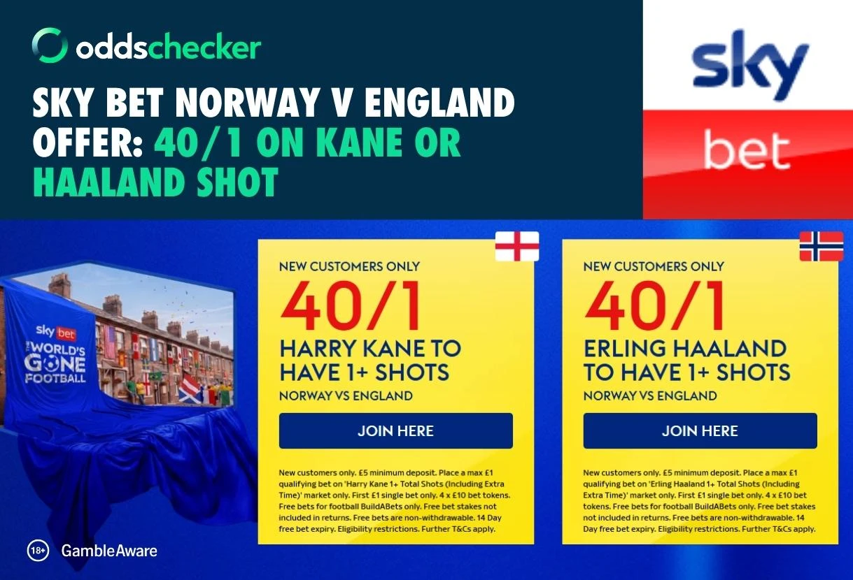 Sky Bet Norway v England Offer: Get 40/1 on Either 1+ Shot for Kane or Haaland