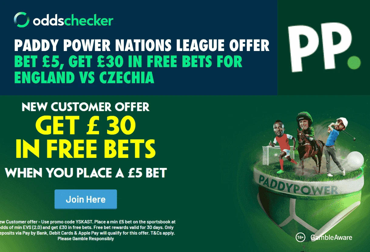Paddy Power Nations League Offer: Bet £5, Get £30 for England vs Czechia