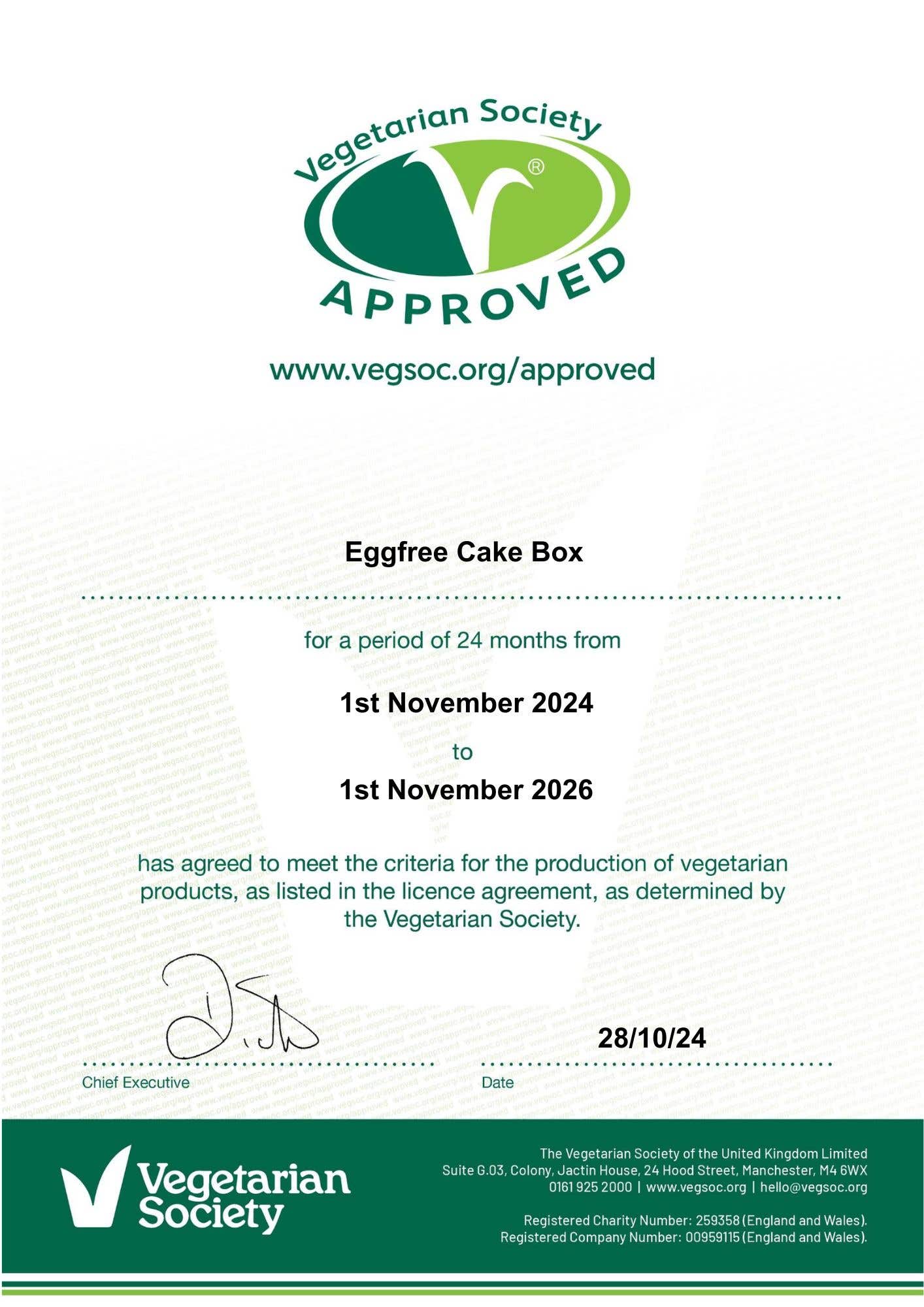 Eggfree Cake Box Vegetarian Society Approved certificate