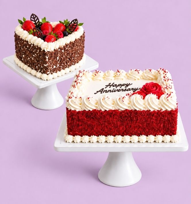 Red velvet anniversary cake and chocolate heart cake on a vanilla background.