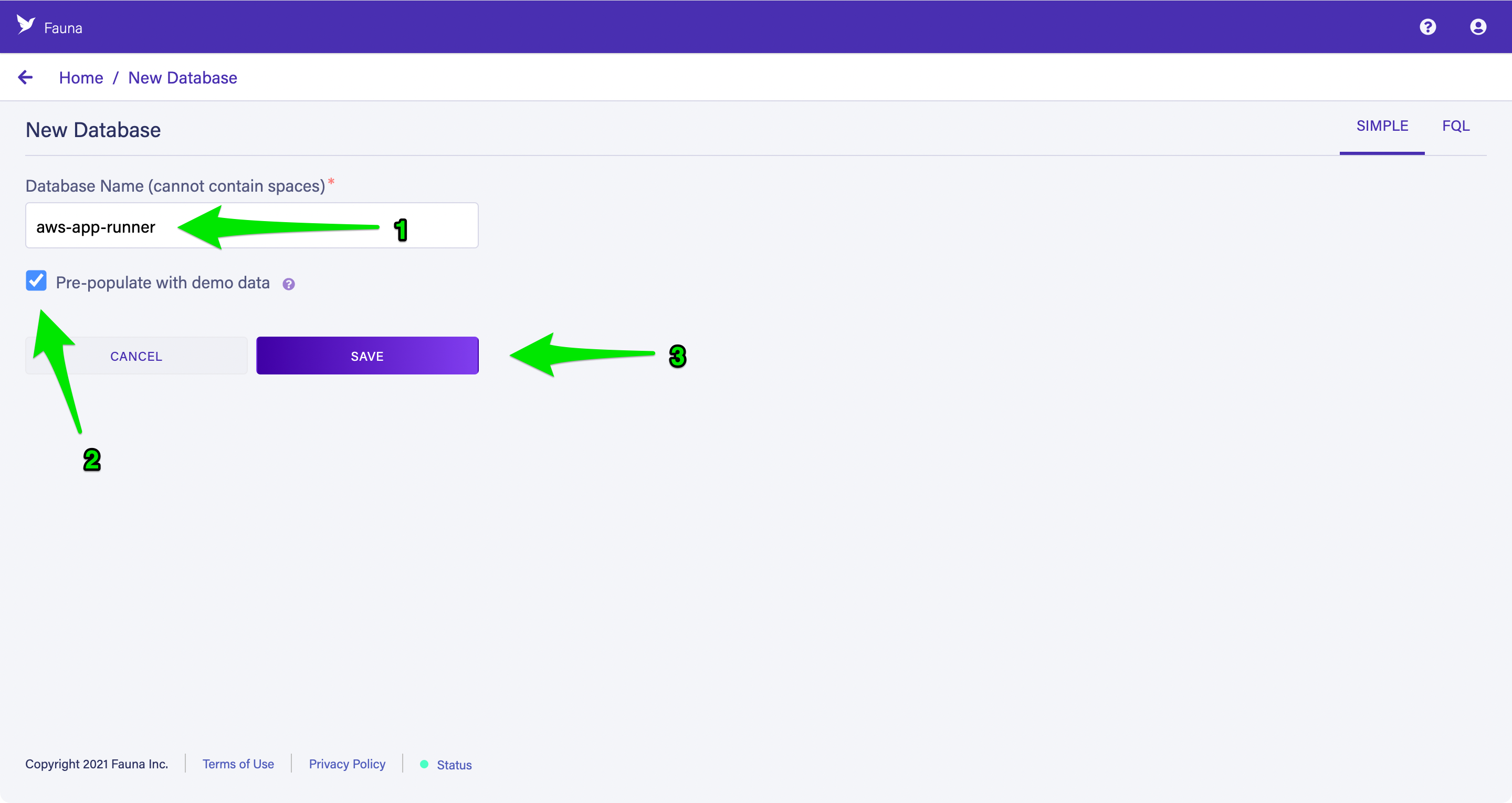 Creating a new database in Fauna