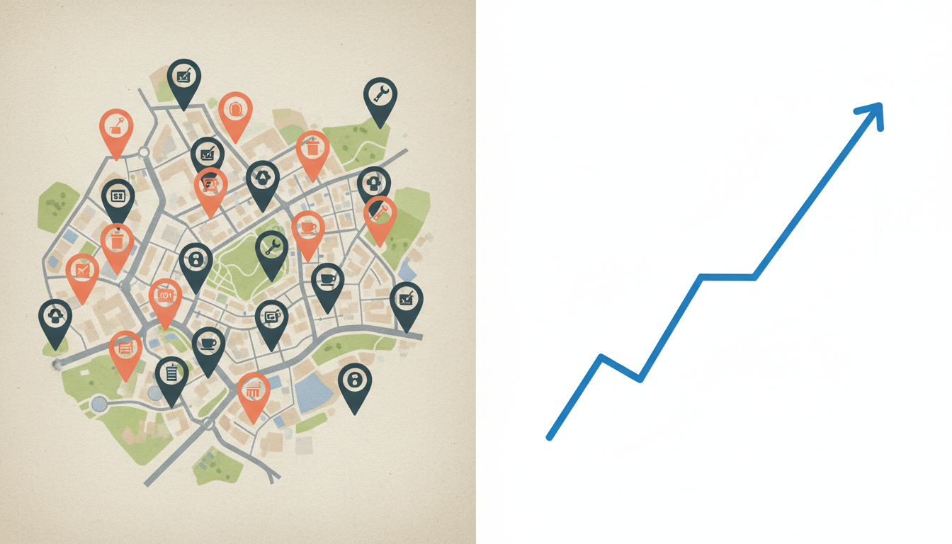 Local Rank Tracker Visualizing weblish.io Data, Map Pins, and Upward Trending Graph