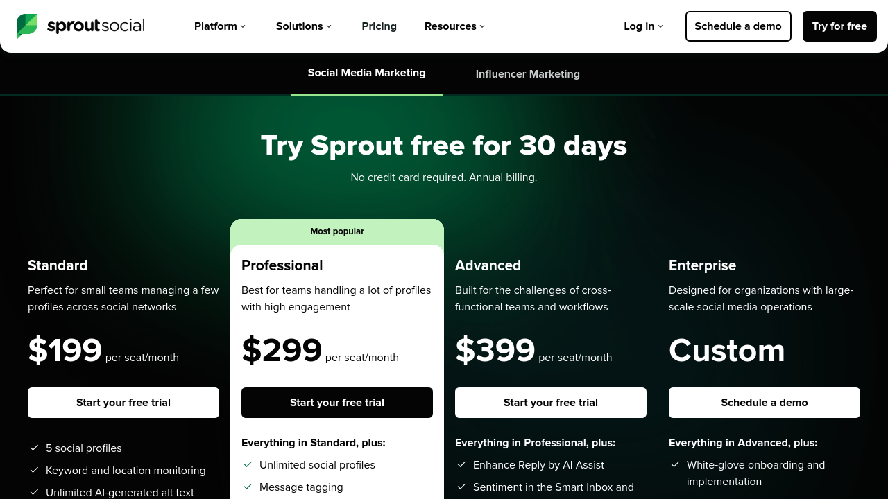 Weblish Social Media Management Pricing Plans Screenshot