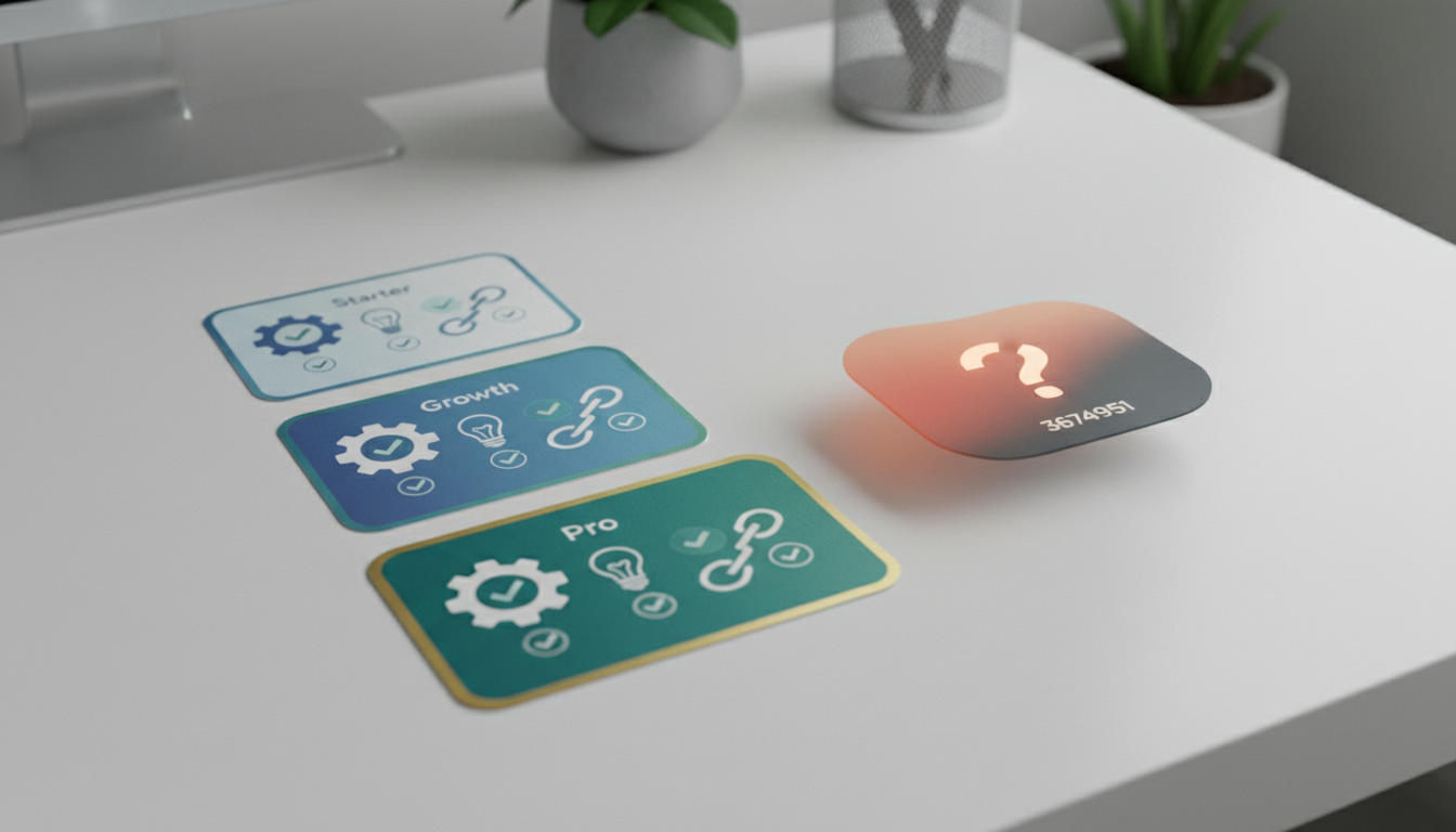 weblish.io displays SEO package pricing tiers for businesses on a modern desk.