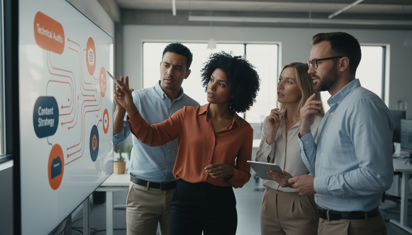 A diverse team collaborates on integrated SEO strategy, boosting weblish.io search engine positioning.