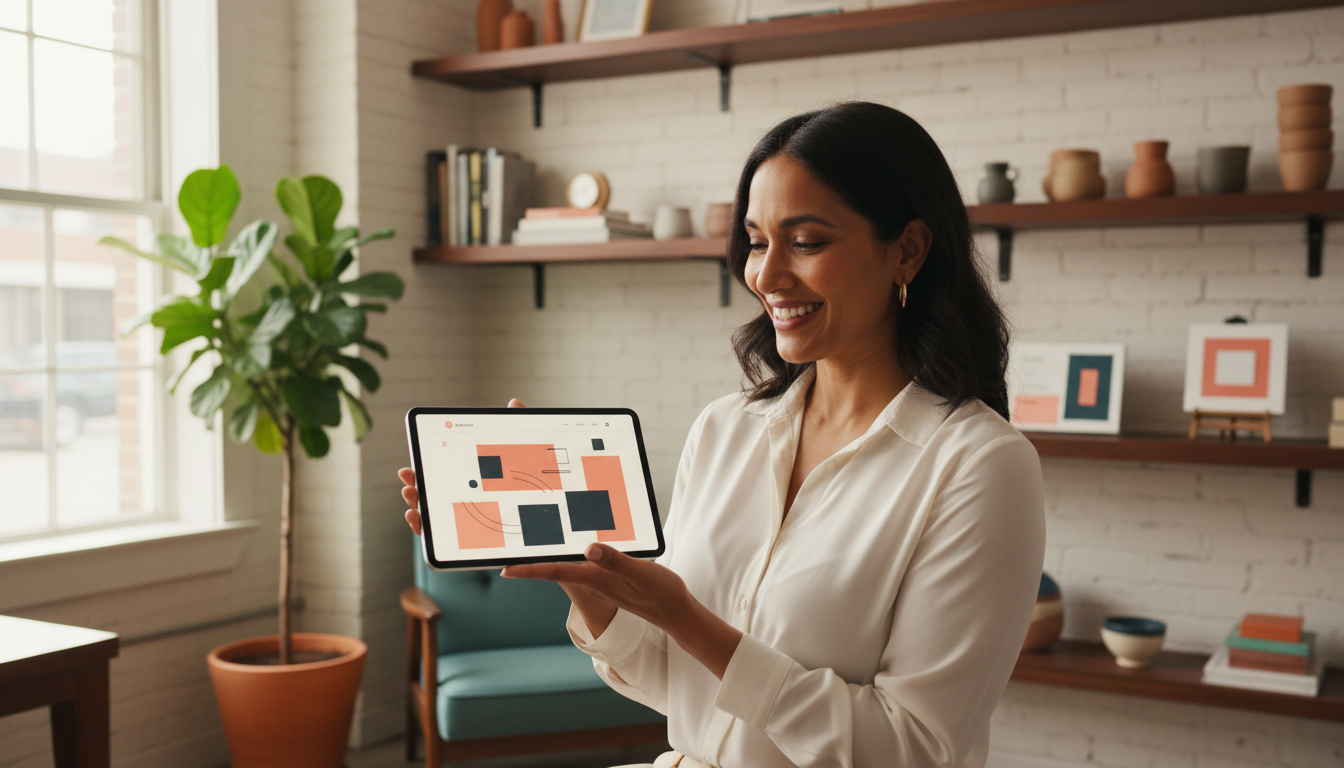 Proud business owner views their new website from weblish.io on a tablet.