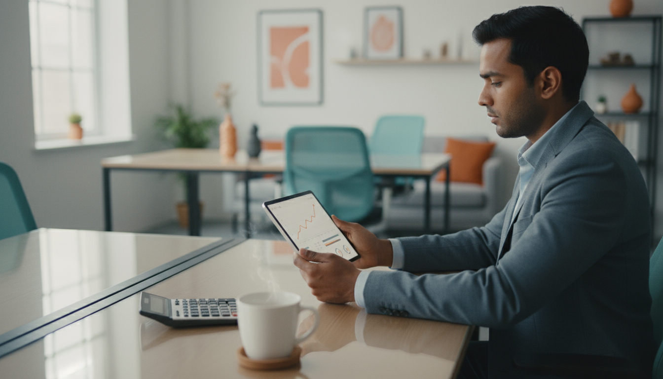 Small business owner thoughtfully budgets web design expenses with weblish.io guidance.