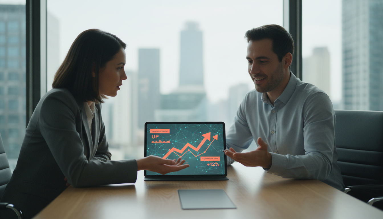 weblish.io team reviews SEO reports, discussing local strategy with a client.