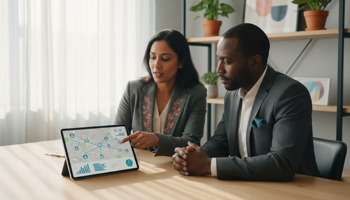 weblish.io Agency Expert Explains Local SEO Strategy to Client on Tablet