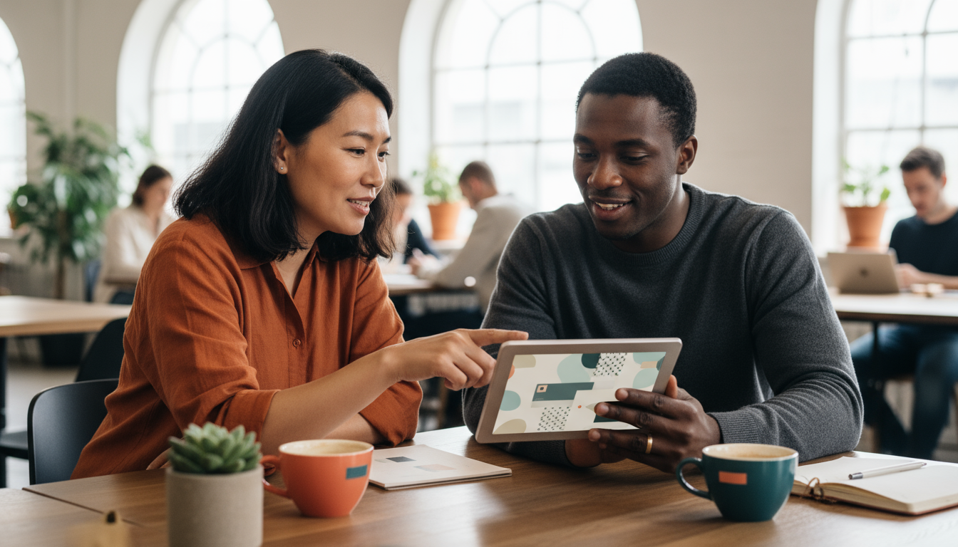 Local business owner collaborates with a weblish.io web designer in person.