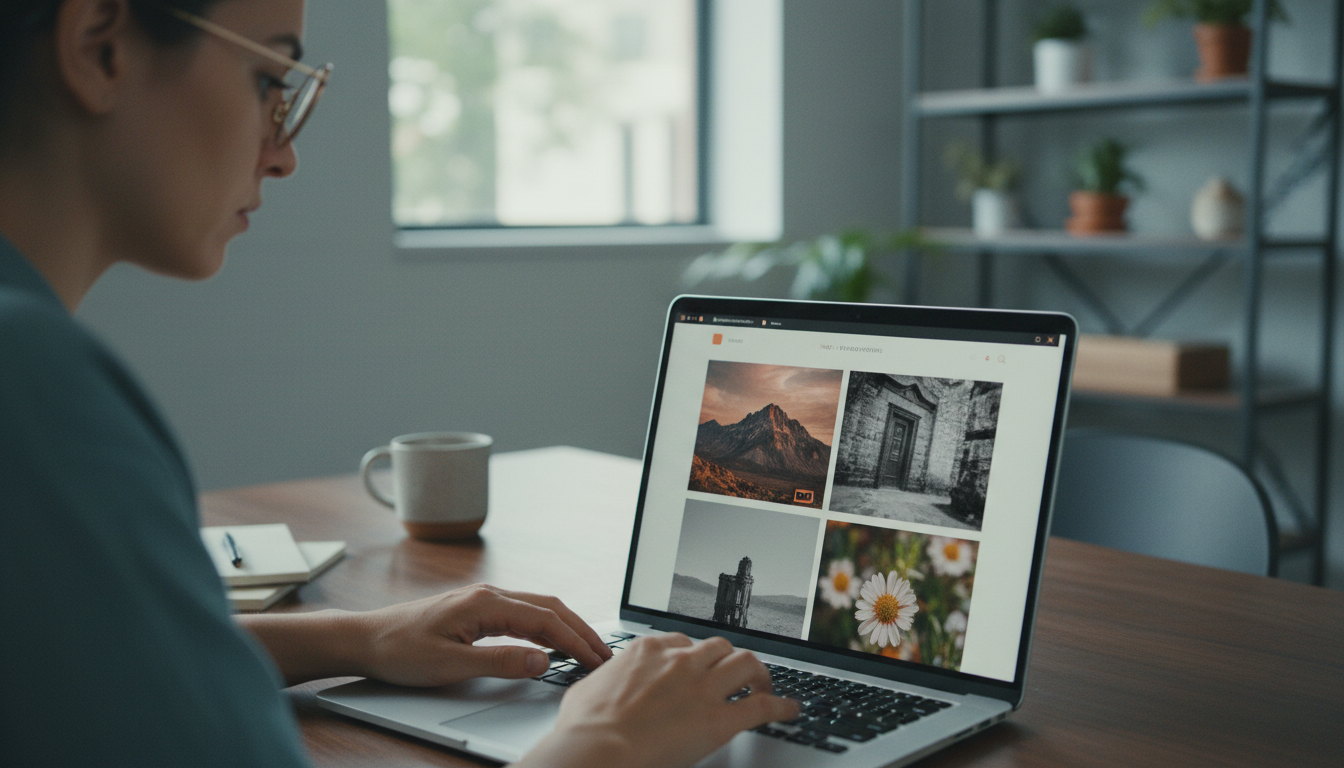 Creative professional reviews elegant weblish.io photography portfolio on laptop screen.