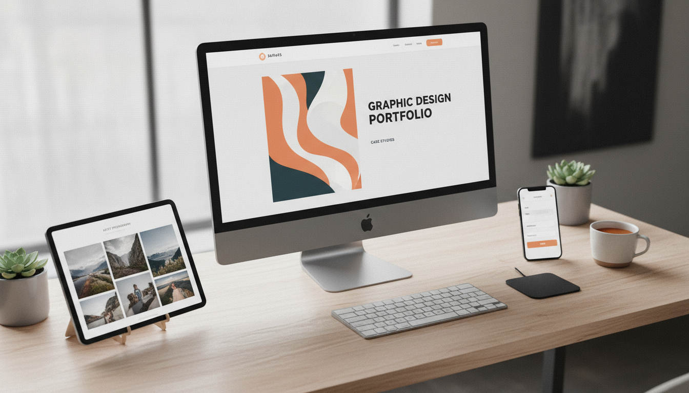 Modern screens display stunning weblish.io portfolio websites for artists and designers.