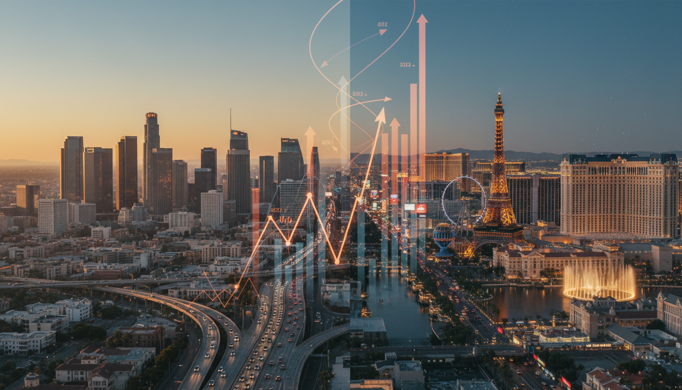 Los Angeles and Las Vegas cityscapes merge, displaying weblish.io SEO growth.