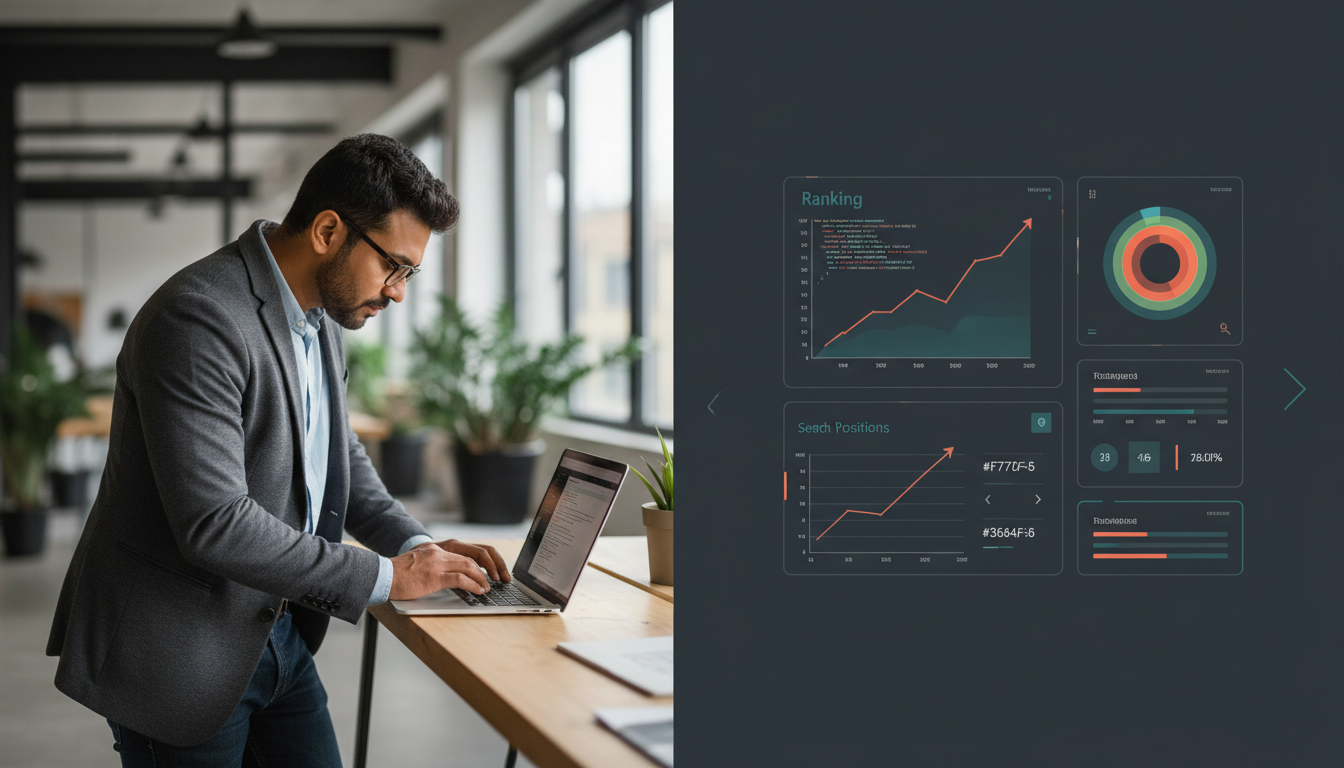 Professional engine optimization specialist audits a site with weblish.io dashboard showing ranking gains.