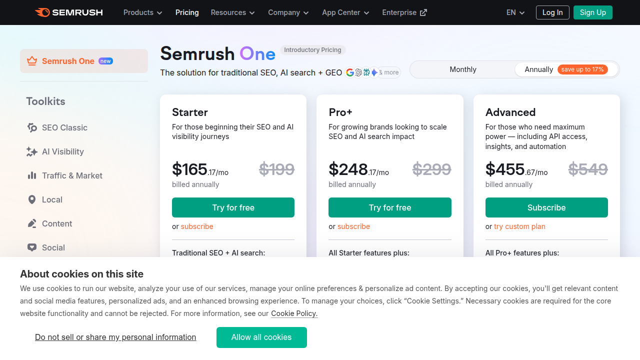 Semrush Official Pricing Page Weblish Screenshot