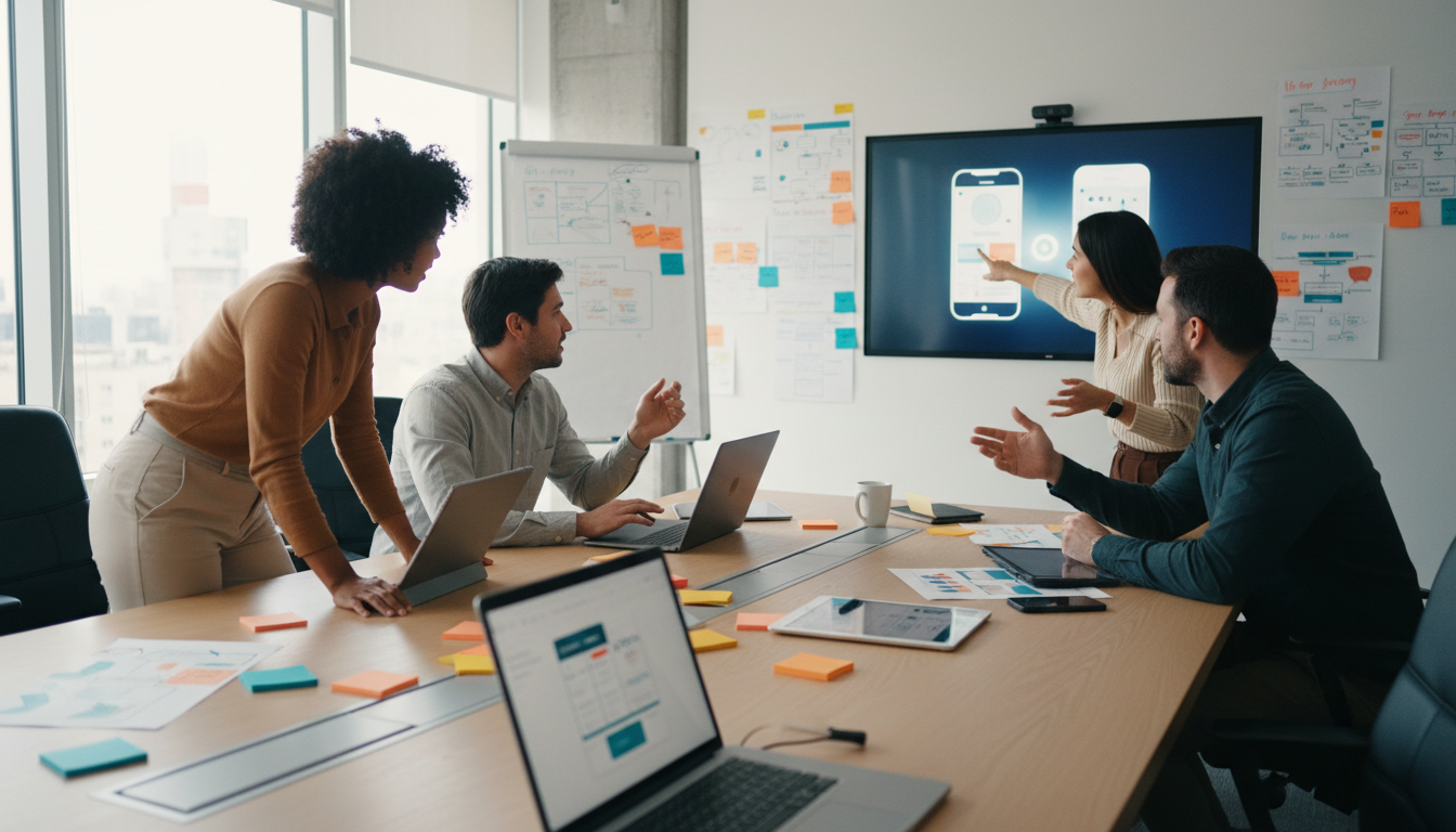 Diverse team actively plans mobile app UX/UI strategy at weblish.io studio.