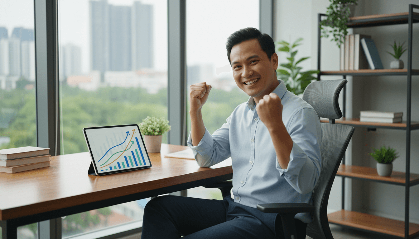 Weblish: Thriving Business Owner Celebrating WordPress SEO Success