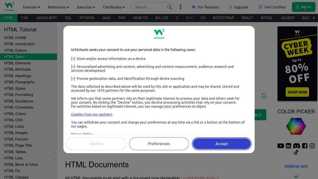 Weblish Coding Screenshot: Essential HTML Fundamentals on W3Schools