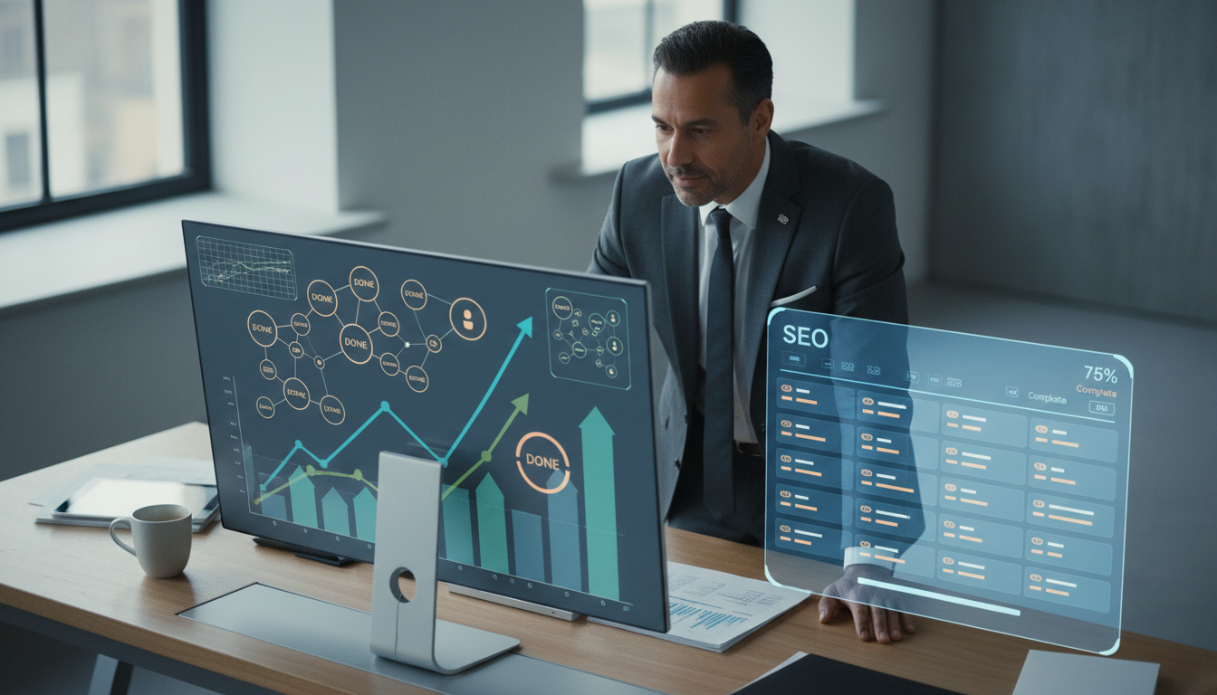 Business strategist confidently oversees weblish.io managed SEO services on a vibrant analytics dashboard.