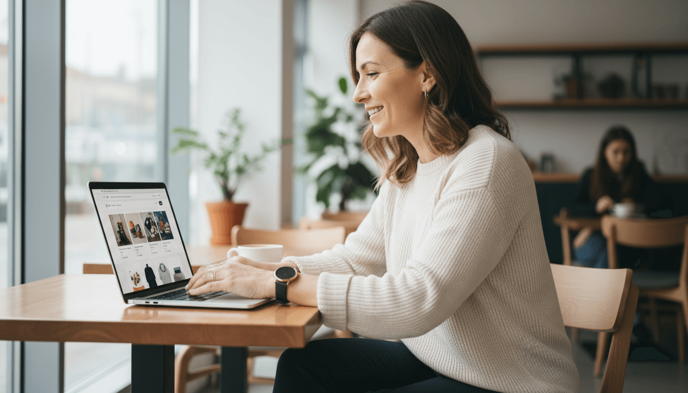 Weblish: Happy Small Business Owner Managing Modern E-commerce Site with Ease