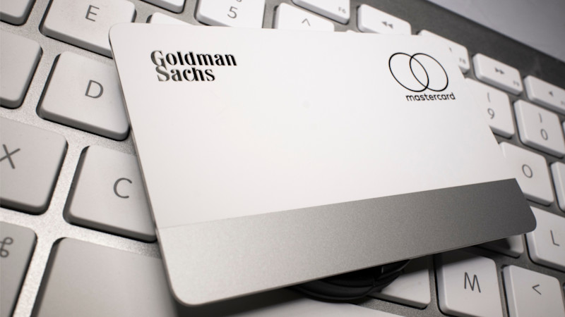 Physical Apple Mastercard Credit Card backed by Goldman Sachs on an Apple keyboard.