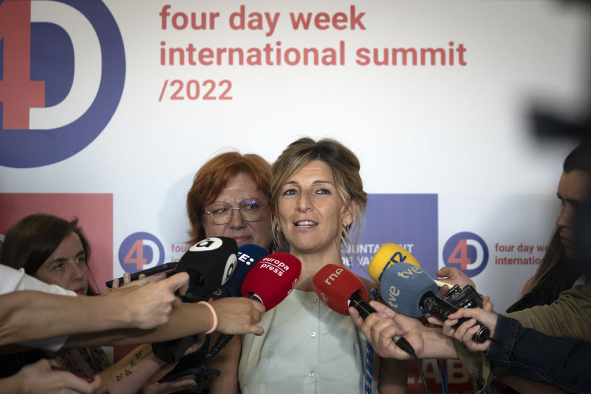 Spanish Second Vice-President and Minister of Labor and Social Economy, Yolanda Diaz, gives statements to the media at the closing of the first day of the International 4-Day Week Summit, at the Petxina Sports-Cultural Center, on 27 May, 2022 in Valencia, Valencian Community, Spain. For two days, experts and political and trade union leaders address and analyze the implementation of the 4-day or 32-hour working week. (Photo By Jorge Gil/Europa Press via Getty Images)