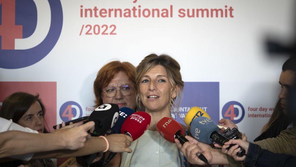 Spanish Second Vice-President and Minister of Labor and Social Economy, Yolanda Diaz, gives statements to the media at the closing of the first day of the International 4-Day Week Summit, at the Petxina Sports-Cultural Center, on 27 May, 2022 in Valencia, Valencian Community, Spain. For two days, experts and political and trade union leaders address and analyze the implementation of the 4-day or 32-hour working week. (Photo By Jorge Gil/Europa Press via Getty Images)