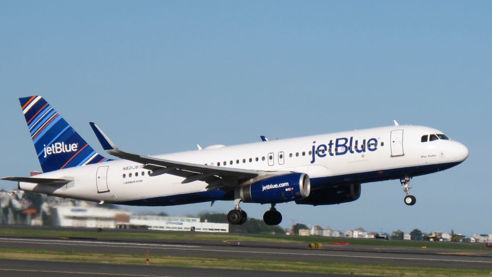 A JetBlue AirBus 320 plane taking off. Courtesy of JetBlue. 