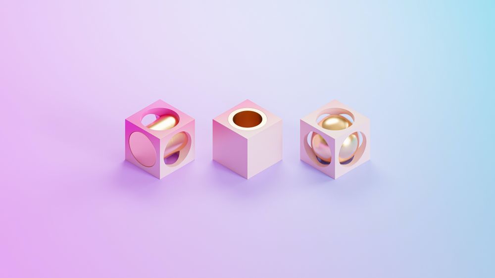 Abstract futuristic cube and cylinder objects on gradient background, minimal 3d render. Image courtesy of Rodion Kutsaev via Unsplash.