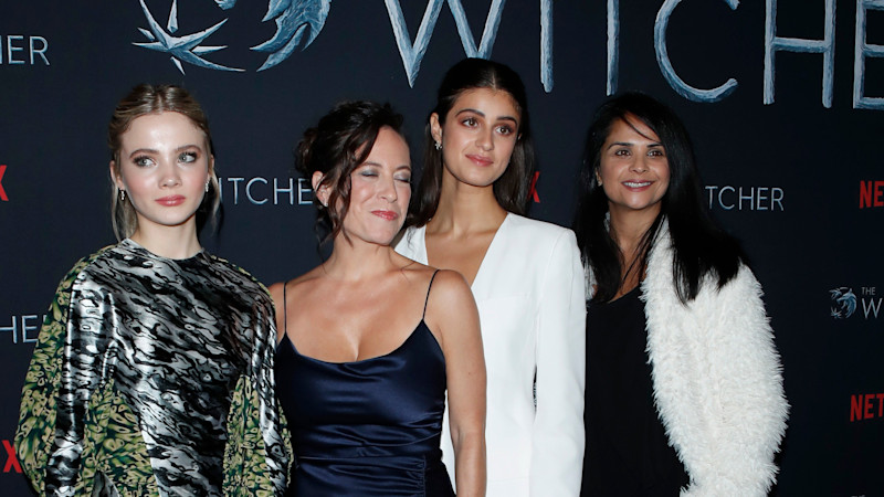 Freya Allan, Lauren Schmidt Hissrich, Anya Chalotra, Bela Bajaria at Netflix "The Witcher" Premiere Screening in Los Angeles,