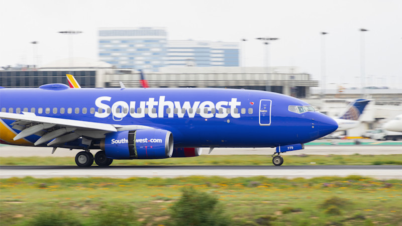 Southwest Airlines jet landing at LAX.